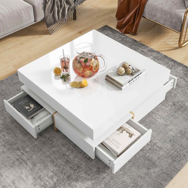 Polibi 31.5 in. White Square Wood Coffee Table with 4