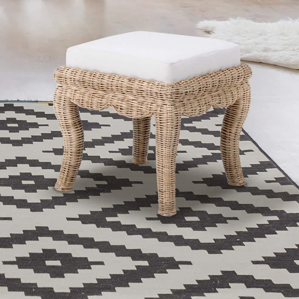 Natural Woven Rattan Vanity Stool with White Cushion
