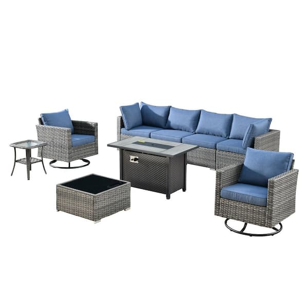 Sanibel Gray 9-Piece Wicker Outdoor Patio Conversation Sofa Sectional Set with a Metal Fire Pit and Denim Blue Cushions