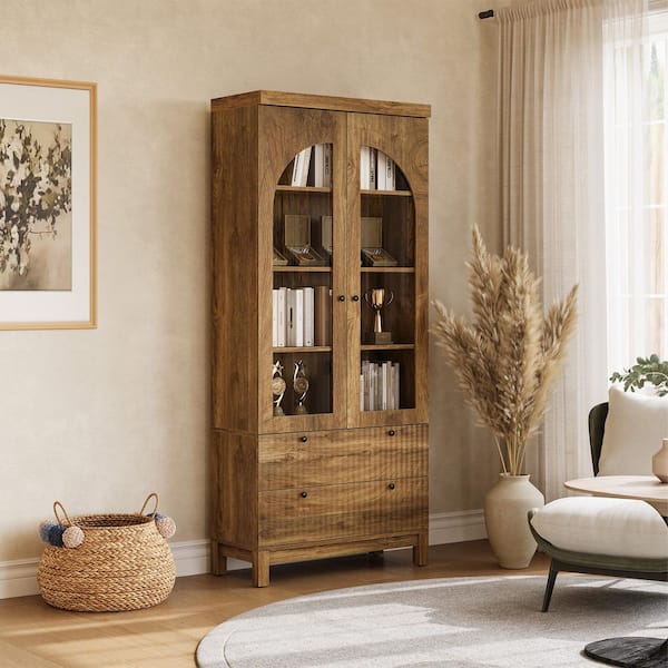 Eulas 71.3 in. Tall Walnut Wood Standard Bookcase with LED Light Strip, Adjustable Shelves, 2-Drawers, Glass Doors