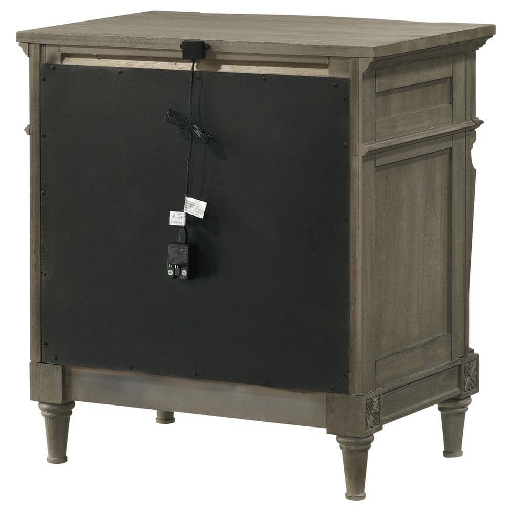 Transitional French Grey 3-Drawer Nightstand with USB Ports