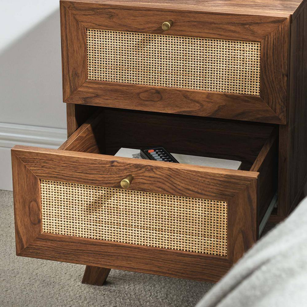 Walnut and Rattan 2-Drawer Nightstand with Splayed Legs
