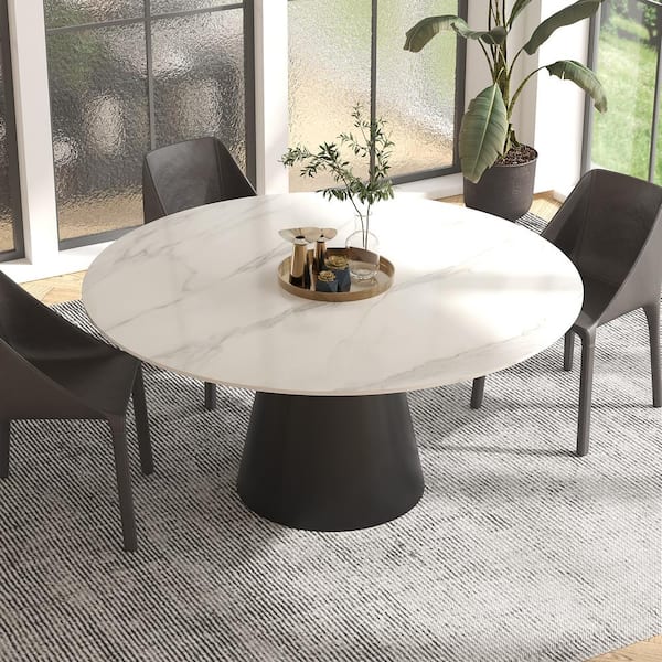Lesly Modern Round White Snow Mountain Stone Tabletop 53.15 in. Black Titanium Stainless Steel Pedestal Dining Table (Seats-4)