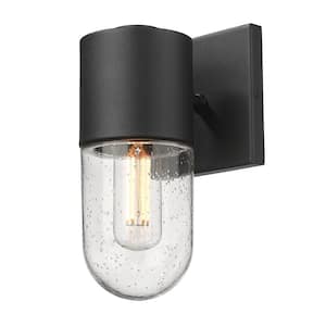 Ezra 1-Light Natural Black Outdoor Hardwired Wall Light with Seeded Glass Shade