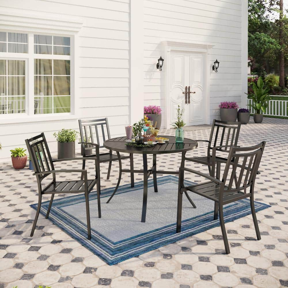 Black 5-Piece Metal with Round Table Patio Dining Set and Strip Stackable Chair -  PHI VILLA, THD5-409-112