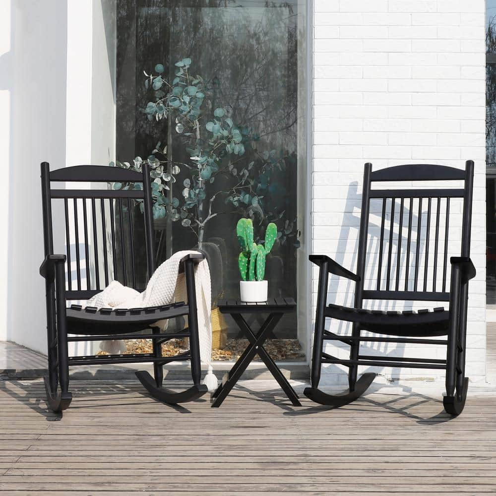 VEIKOUS 3 Piece Wood Outdoor Rocking Chairs with Curved Seat