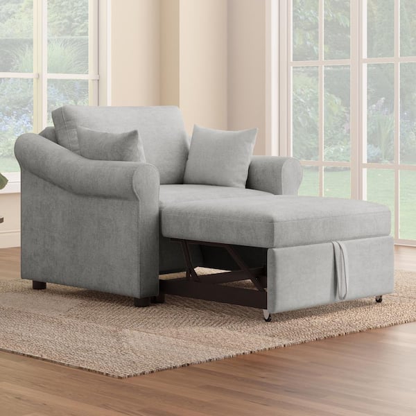 3-in-1 Gray Chenille Arm Chair, Sofa Bed Chair, Convertible Sleeper Chair