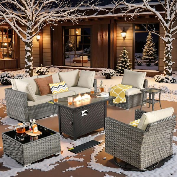 Sanibel Gray 8-Piece Wicker Outdoor Patio Conversation Sofa Sectional Set with a Metal Fire Pit and Beige Cushions