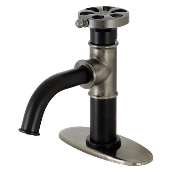 Kingston Brass Belknap Single-Handle Single-Hole Bathroom Faucet with Push Pop-Up and Deck Plate in Matte Black/Black Stainless