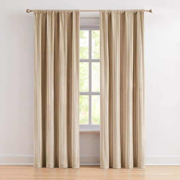 Glam Pleated Neutral Velvet 38 in. W x 84 in. L Rod Pocket Light Filtering Curtain (Set of 2)