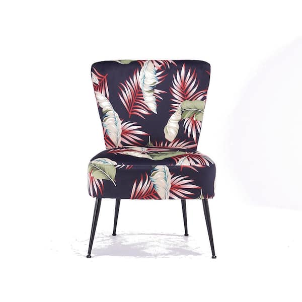 URTR 21.6 in. L Tufted Back Teddy Fabric Accent Chair with Soft and Comfortable Cushion, Black Metal Legs, Flower Pattern
