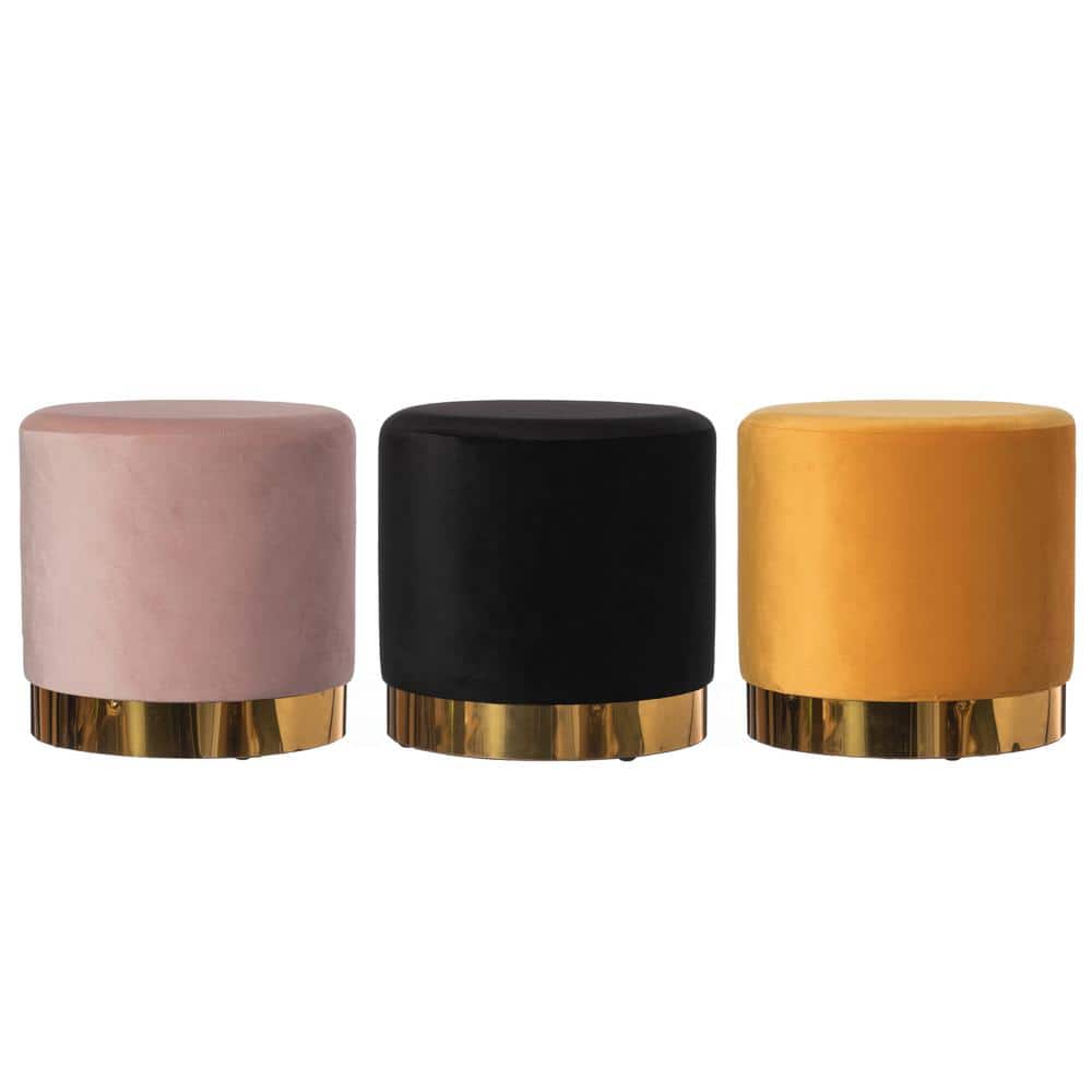 Pink Round Velvet Ottoman Stool with Gold Base, 16"