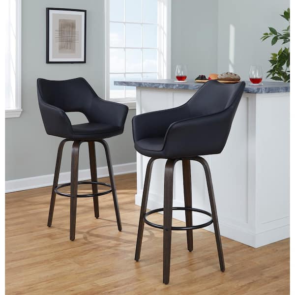 Lumisource Mustang 30.25 in. Black Faux Leather, Walnut Glazed Wood, and Black Metal Fixed-Height Barstool (Set of 2)