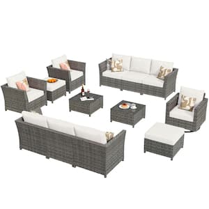 Bexley Gray 13-Piece Wicker Patio Conversation Seating Set with Bold-Stripe Beige Cushions and Swivel Chairs