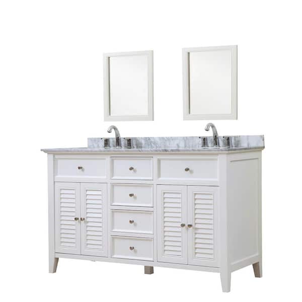 Direct vanity sink Shutter 60 in. Vanity in White with Marble Vanity Top in White Carrara with White Basins and Mirrors