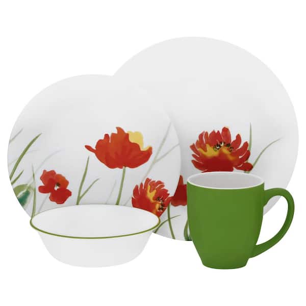 Corelle Studio 16-Piece Country/Cottage Red with Yellow Flowers Glass Dinnerware Set (Service for 4)