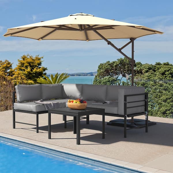 DEXTRUS 3-Piece Metal Outdoor Patio Conversation Set with Grey Cushions