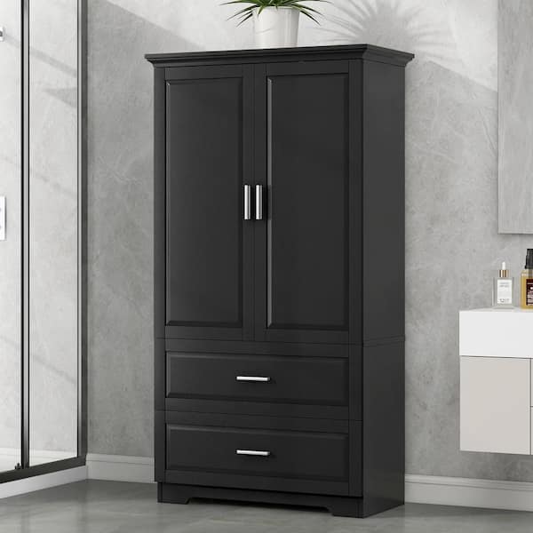Tenleaf 32 in. W x 15 in. D x 63 in. H Black MDF Freestanding Linen Cabinet with Doors and Drawers, Adjustable Shelf