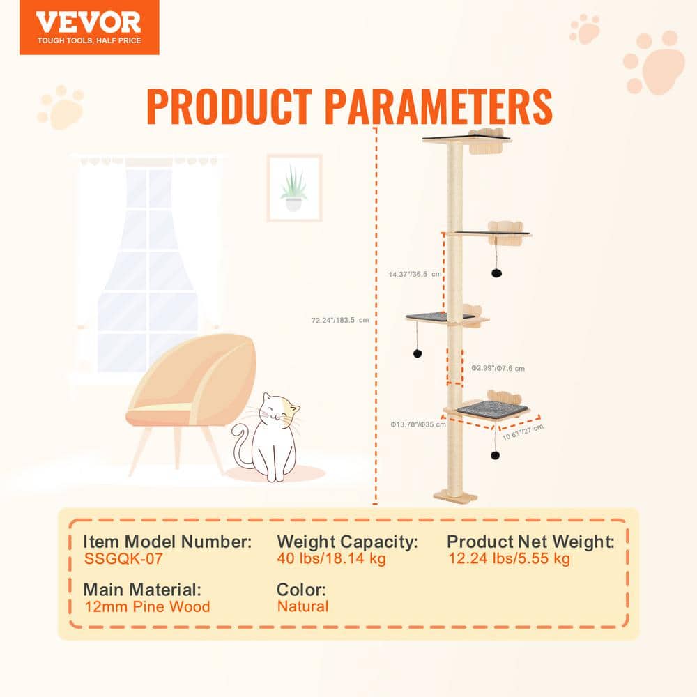 Natural Pine Wood 4-Tier Wall-Mounted Cat Tree with Plush Pads
