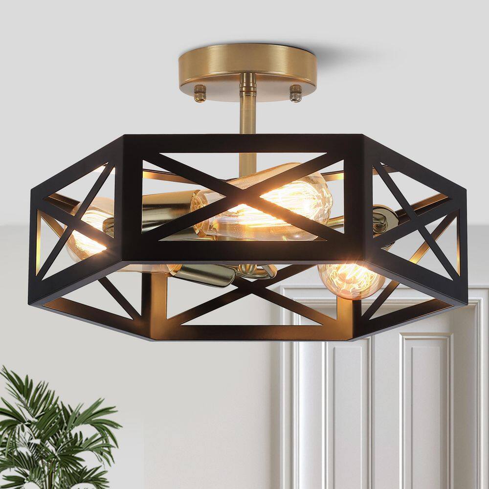 14.57 in. 3-Light Black and Gold Modern Industrial Metal Hexagonal Semi-Flush Mount Ceiling Light price history on PriceWatchPro
