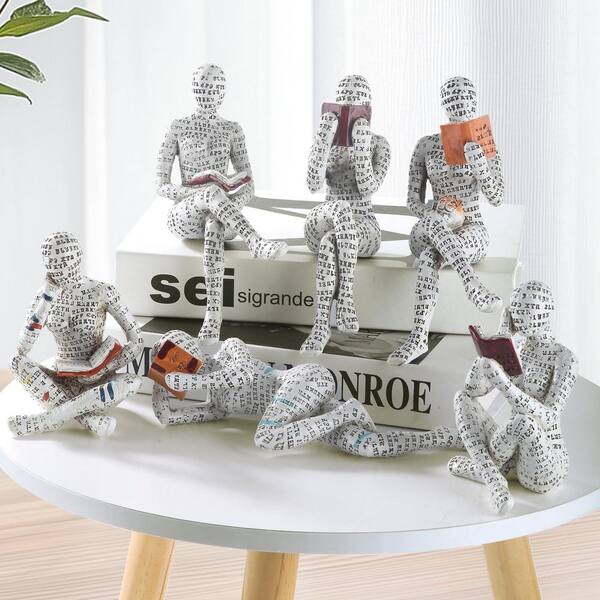 6Pcs White 1 in. x 3 in. Resin Pulp Reading Women Thinker Statues