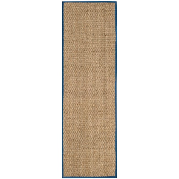 Natural Fiber Natural/Navy 3 ft. x 16 ft. Border Woven Runner Rug