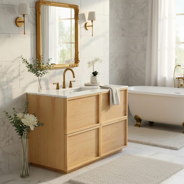 Zeus 48 in. Single Sink Natural Bath Vanity with White Marble Top