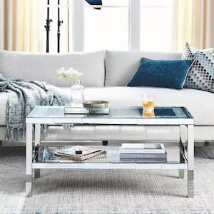 39 in. Silver Color Rectangle Glass Crystal Mirror Stainless Steel Frame Coffee Table for Use in Offices, Living Rooms