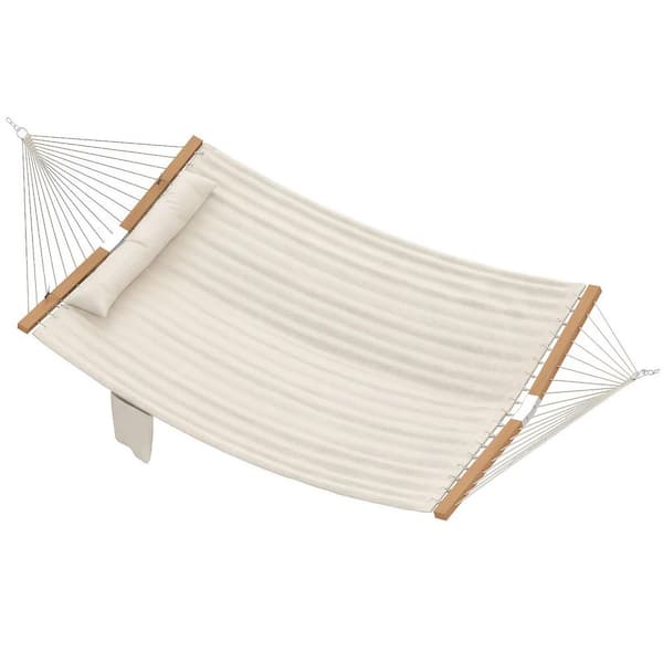 10 ft. Cream White Double Patio Hammock with Detachable Movable Long Pillow, Side Pocket for Balconies Garden