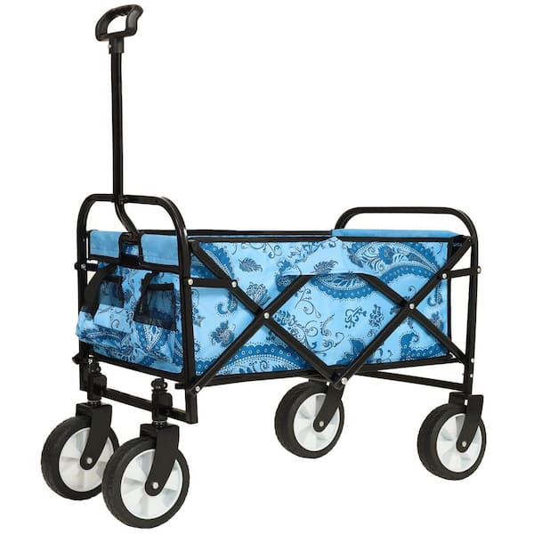 2 cu. ft. Steel Frame Outdoor Garden Cart Support 225 lbs Waterproof Fabric Folding Wagon With Fixed Belt, Blue