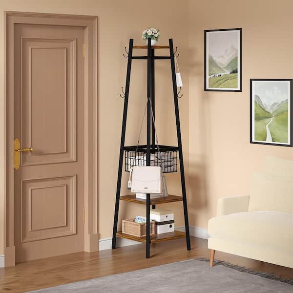 VECELO Brown Industrial Coat Rack Freestanding, Clothes Stand with