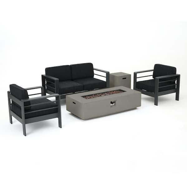 Noble House Cape Coral Grey 5-Piece Metal Outdoor Patio Fire Pit Set with Dark Grey Cushions