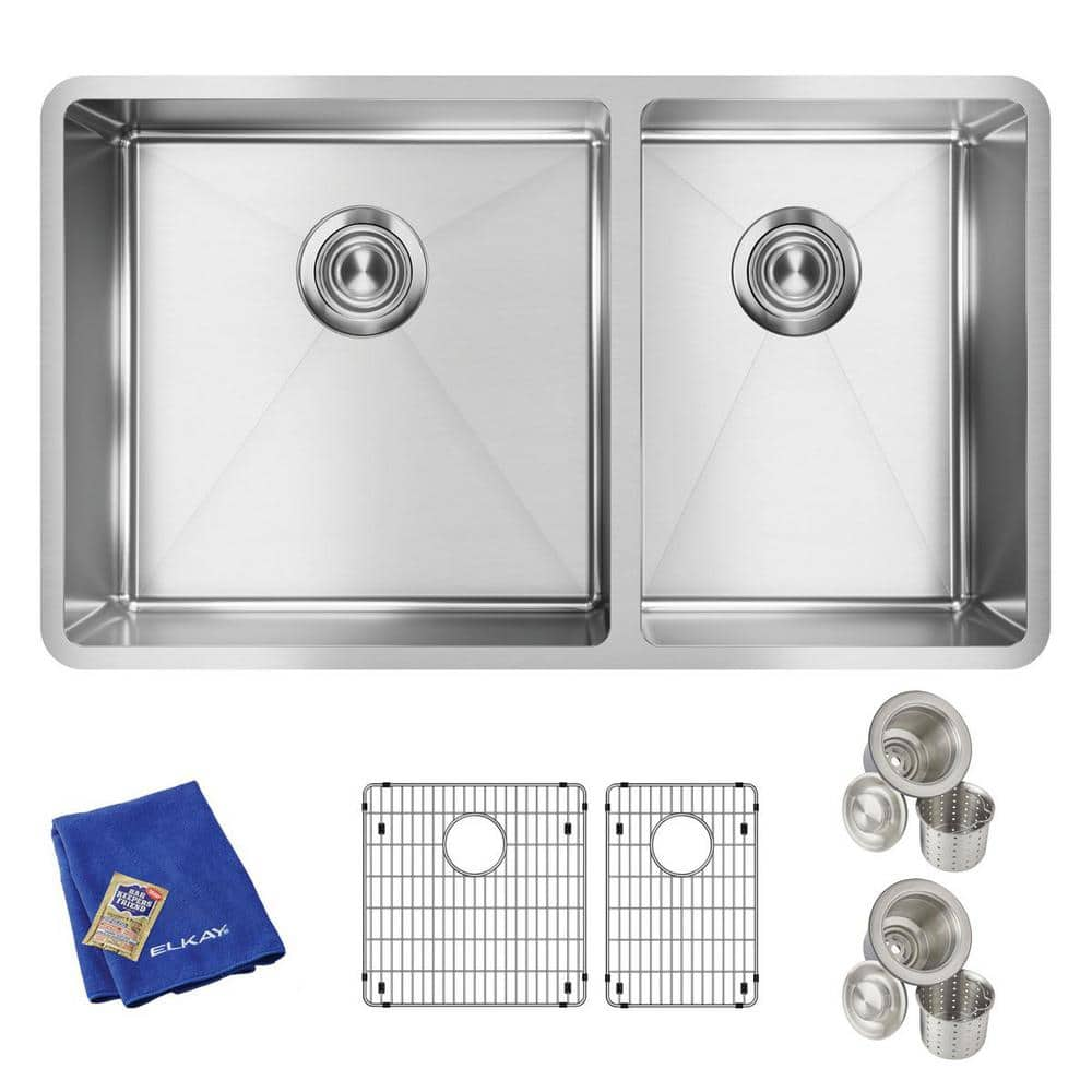 Elkay Crosstown 32 in. Undermount Offset 60/40 Double Bowl 18-Gauge Stainless Steel Kitchen Sink Kit w/ Accessories