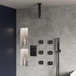 Thermostatic Shower System 7-Spray Ceiling Mount Square Shower Head with 6-Jets in Matte Black (Valve Included)