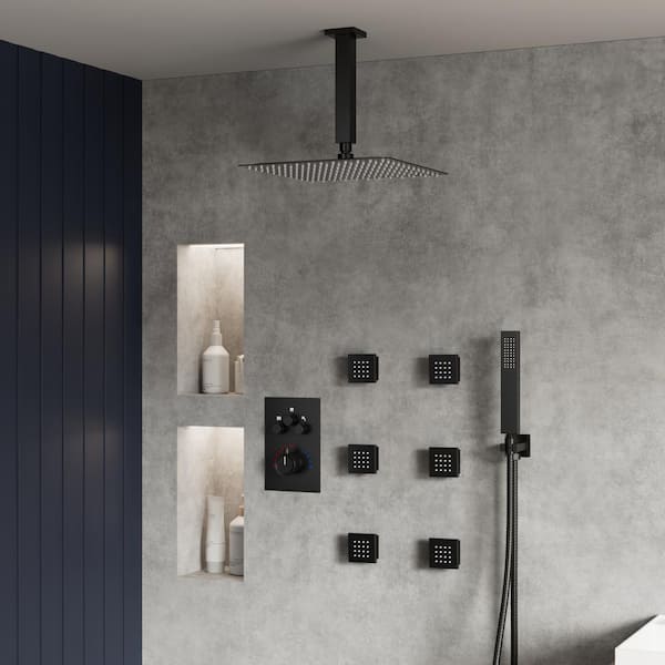 yawwalk Thermostatic Shower System 7-Spray Ceiling Mount Square Shower Head with 6-Jets in Matte Black (Valve Included)