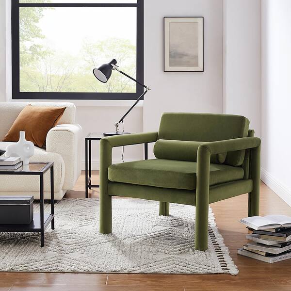 Art Leon Calypso Dark Green Velvet Ribbed Accent Oak Arm Chair