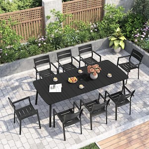 94.48 in. Rectangular Round Corner Aluminum Outdoor Patio Dining Table with Wood-Like Tabletop in Black