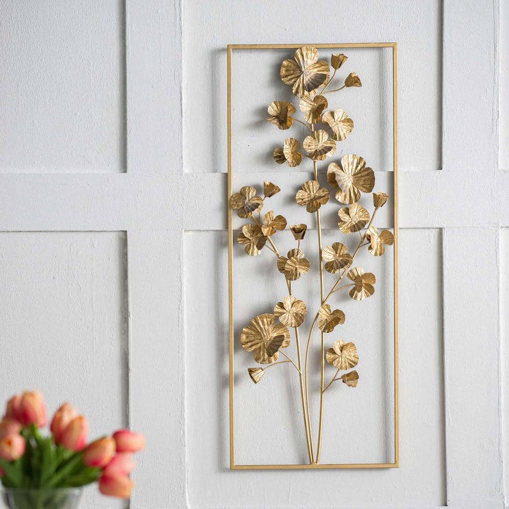 30 in. x 12 in. Gold Metal Work Flower Tree Wall Decor Wall Art Panels for 