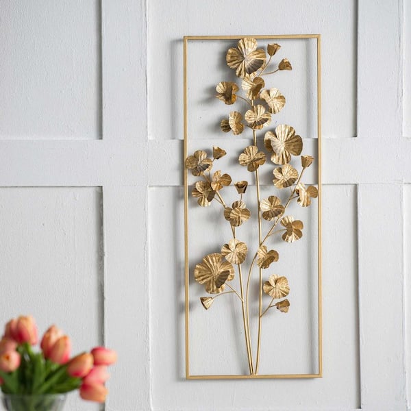 Unbranded 30 in. x 12 in. Gold Metal Work Flower Tree Wall Decor Wall Art Panels for Living Room Dining Room