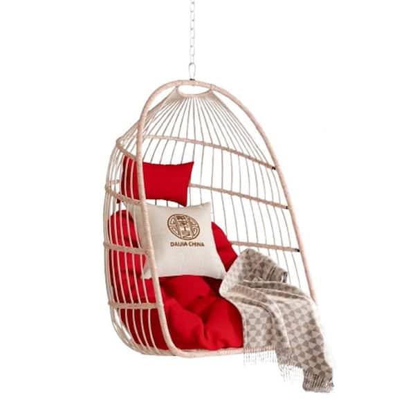 Red Wicker Porch Swing Chair, Outdoor Egg Chair, Hanging Hammock Basket, Foldable Hanging Swing Basket for Bedroom