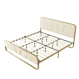 Cream White Frame Queen Size Soft Velvet Platform Bed with 10 in. Under Bed Storage Supported by Metal and Wooden Slats
