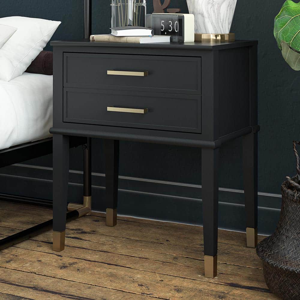 Black Wood End Table with Faux-Dual Drawer Storage