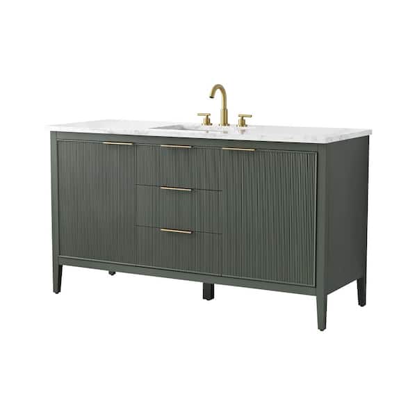 Emma 60 in. W Bath Vanity in Vintage Green with Engineered Stone Top in Arabescato with White Sink
