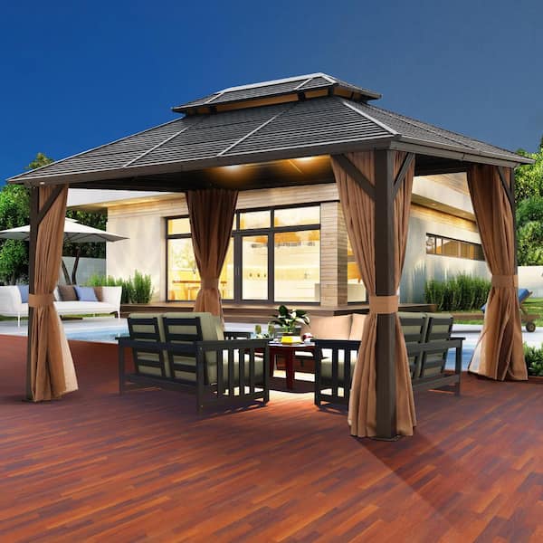 Daheat Jager 13 ft. x 10 ft. Coated Aluminium Frame Gazebo in Brown with Double Coated Aluminium Roofs and Mosquito Net
