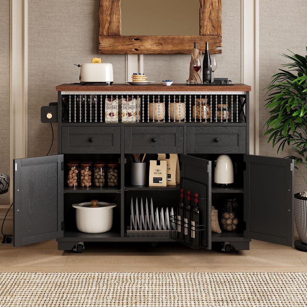 47 in. Black Kitchen Cart with Drape of Beads, Power Outlet, Rolling Kitchen Cart on Wheels with Drop Leaf, Doors