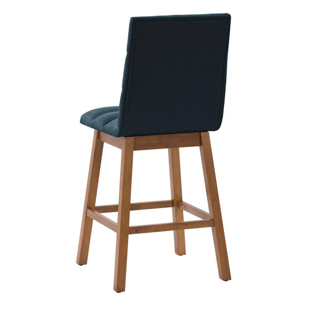 Navy Blue Channel Tufted Fabric Barstools with Wood Legs, Set of 2