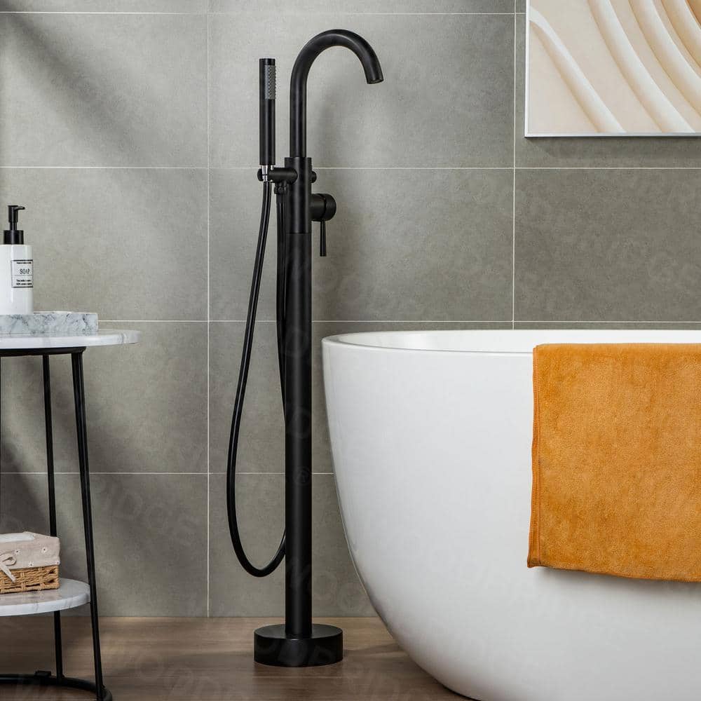 Matte Black Brass Floor Mount Bathtub Faucet with Hand Shower