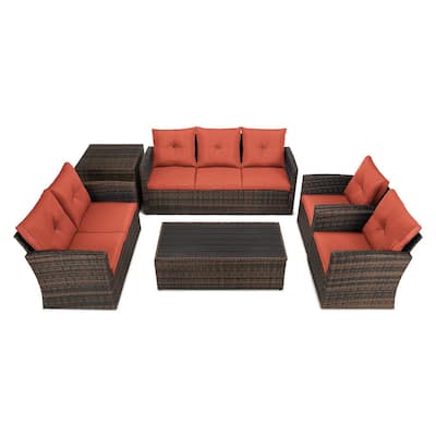 Ableson 6-Piece Wicker Patio Conversation Set with Orange Cushions
