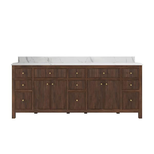 Sonoma Teak 84 in. Double Sink Freestanding Dark Walnut Bath Vanity with Calacatta Laza Quartz Top Unassembled