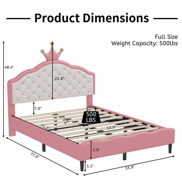 Pink Wood Frame Full Size Platform Bed with Tufted Headboard
